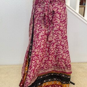 Reversible, dual-pattern Indian silk wrap skirt with pink and yellow floral